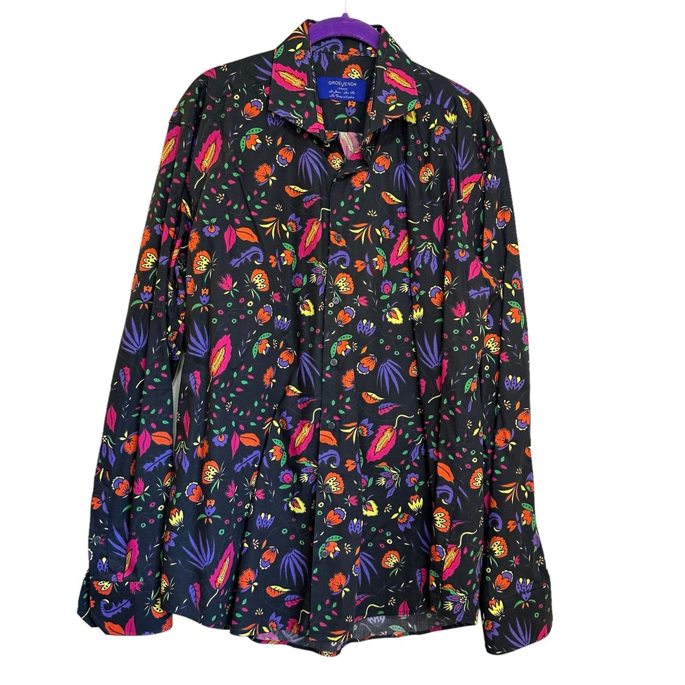 GrosVenor London Men's Funky Casual Colorful Black Floral Print Slim Fit sz XL